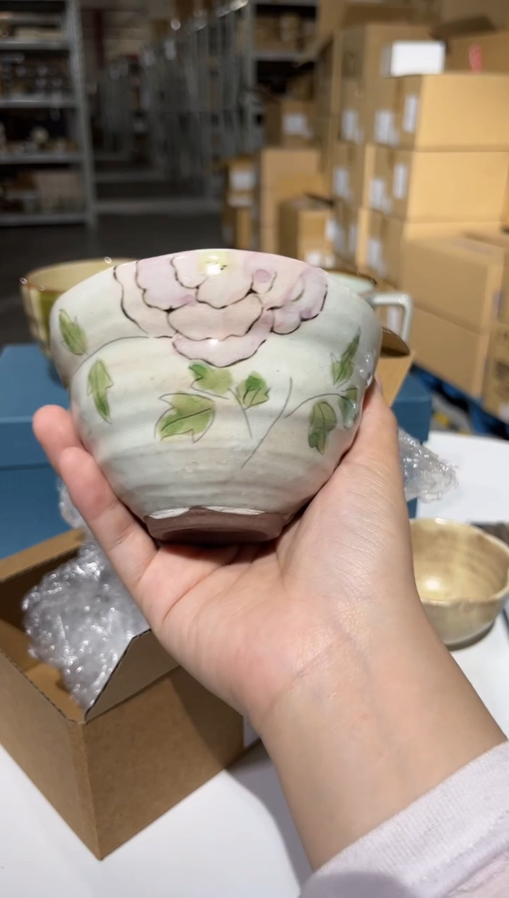 瓷片ゆめ花　手彫陶碗　牡丹孤品
