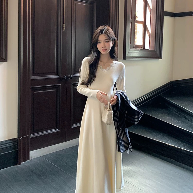 5012蕾丝连衣裙秋冬气质法式长袖中长款裙子慵懒温柔打底A字长裙