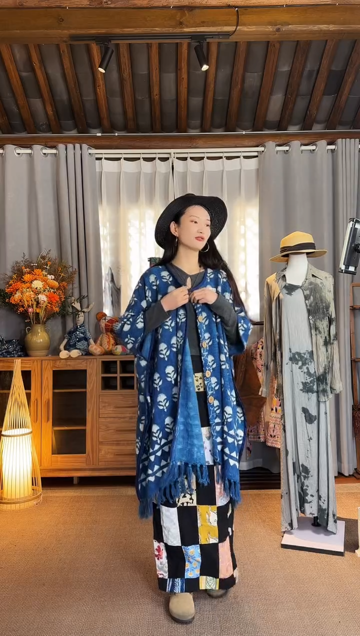 【闪购商品】设计师款蓝染流苏斗篷