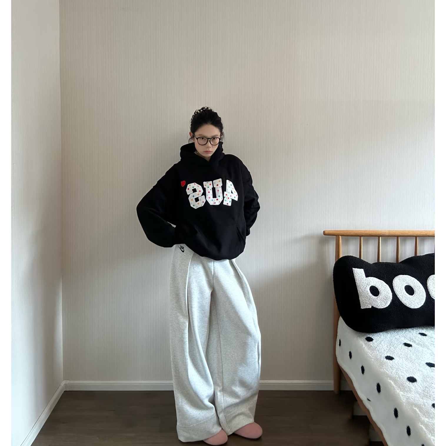 秋冬季彩色爱心波点印花卫衣情侣款宽松上衣连帽衫