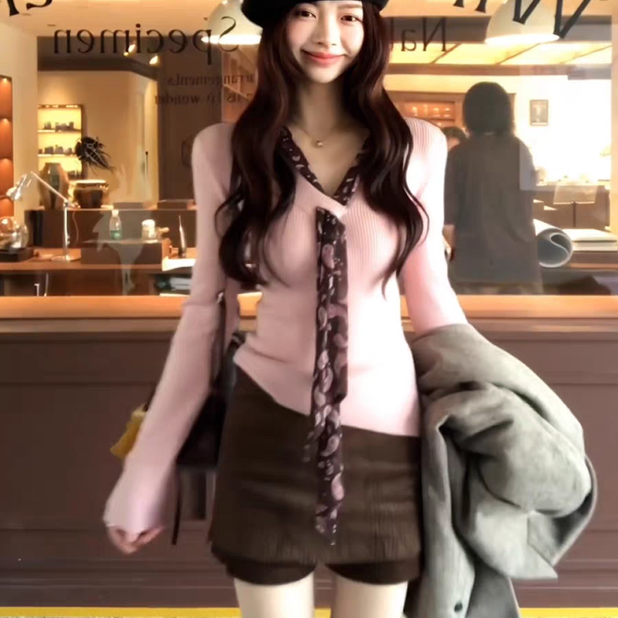 【配丝巾】新款韩系设计感v领针织毛衣秋冬修身内搭打底长袖上衣