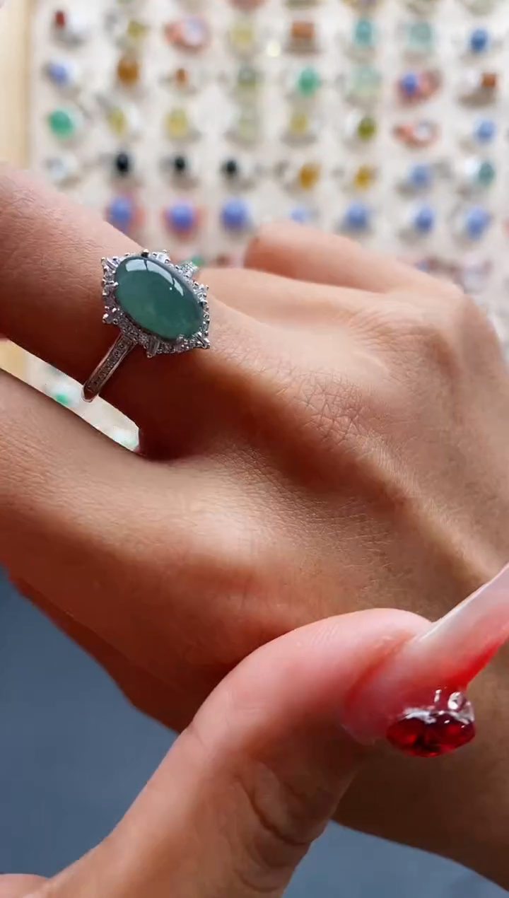 【闪购商品】翡翠戒指银S925镶嵌缅甸天然A货翡翠111 4+6