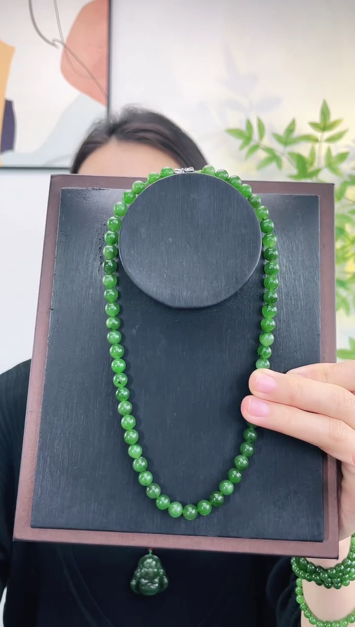 和田玉（碧玉）未镶嵌颈饰碧玉妈妈链 8±mm 有黑点