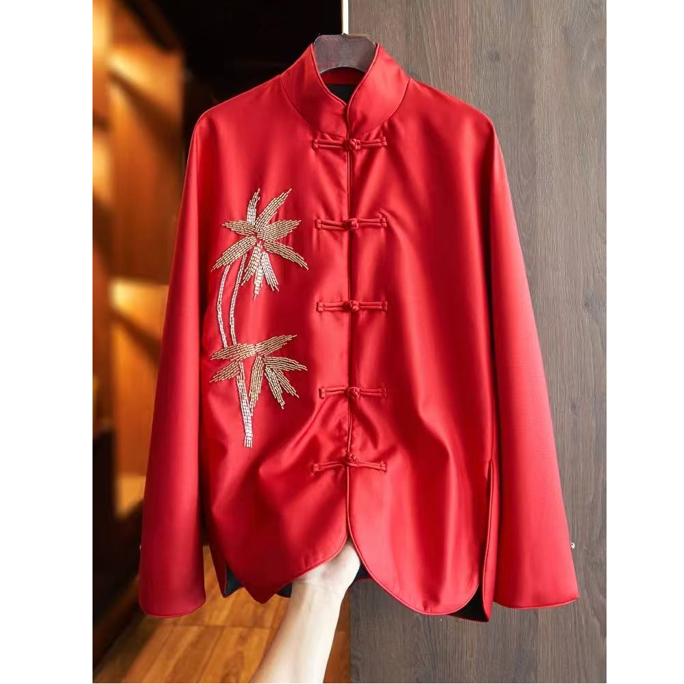 【大叔心选】新中式高级气质中国红椰树钉珠唐装对襟直襟立领上衣