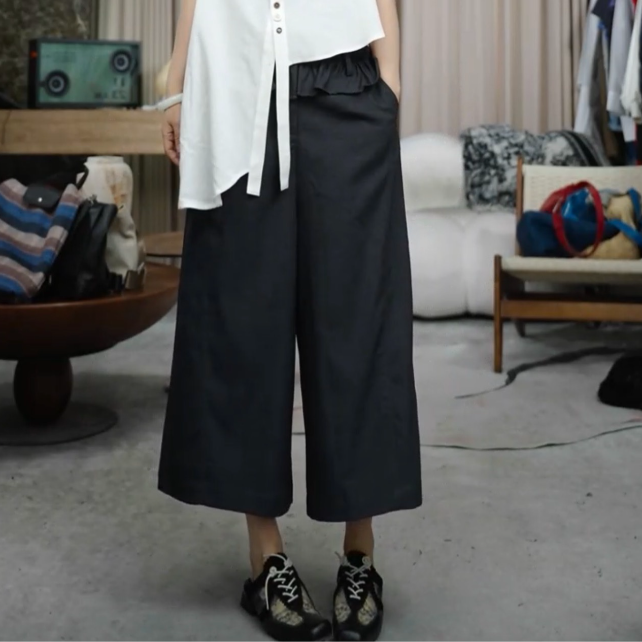 infobyfive2025夏季新款福利花苞西裤阔腿裤八分裤NF0504249