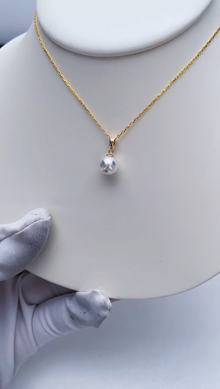 海水珍珠18K金镶嵌吊坠(赠链)8.5-9特选天女瓜子扣