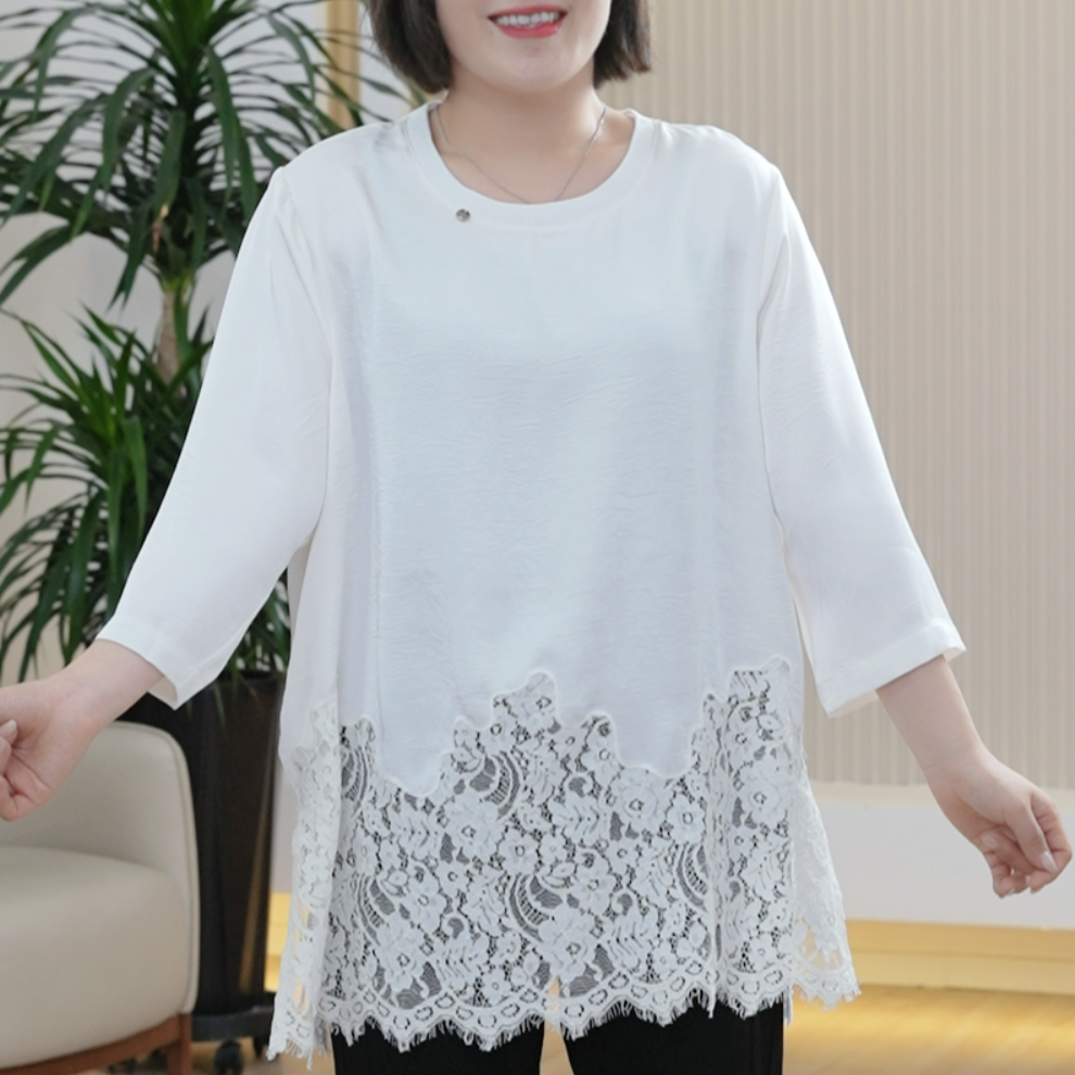 秋季肌理滑锻拼软蕾丝T恤女大码镂空显瘦清冷柔软亲肤不扎人上衣