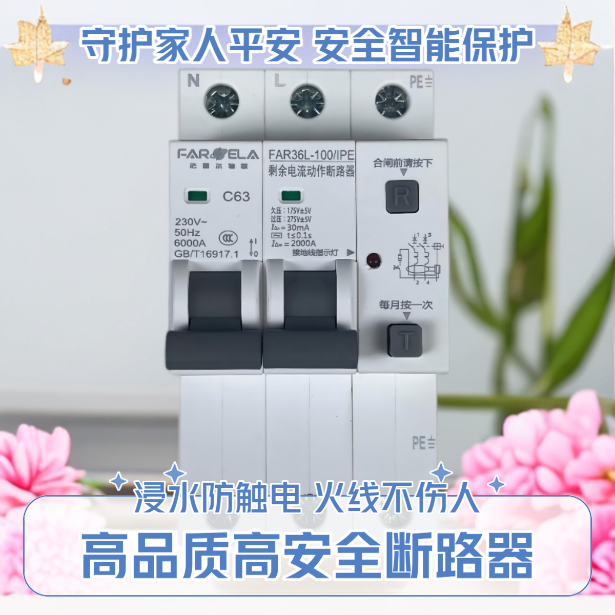 FAROELA/法瑞尔220V/63A家用防触电保护器断路器浸水防触电开关
