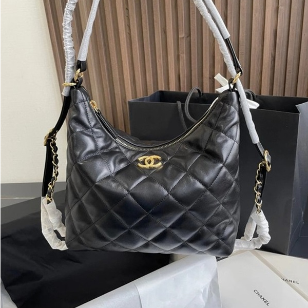 全新未使用 Chanel/香奈儿 小花6花 22B 双肩带 HOBO黑金 腋下包