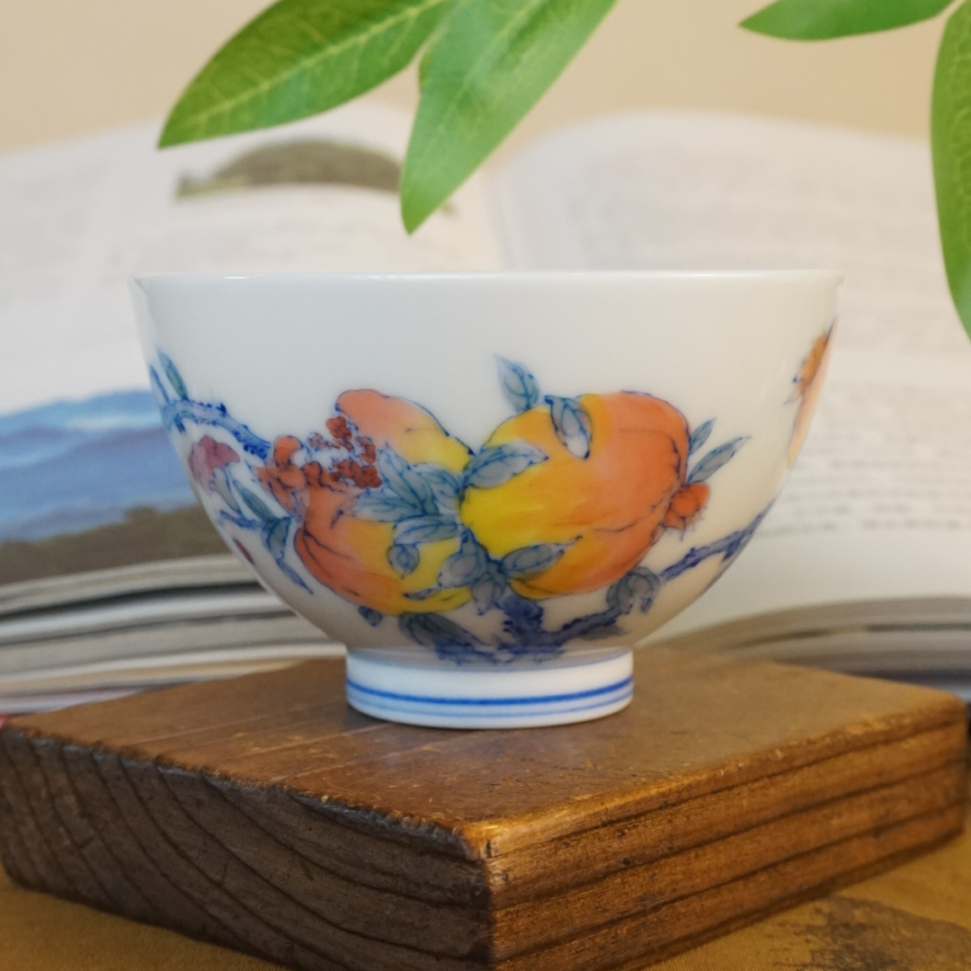 德物小雅纯手工手绘釉下五彩中式石榴鸡心杯景德镇陶瓷柴窑主人杯