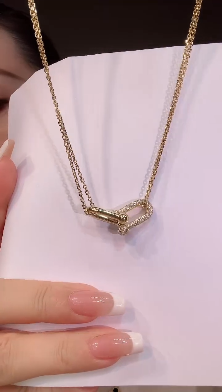 颈饰钻石18K金镶嵌双U项链CZ
