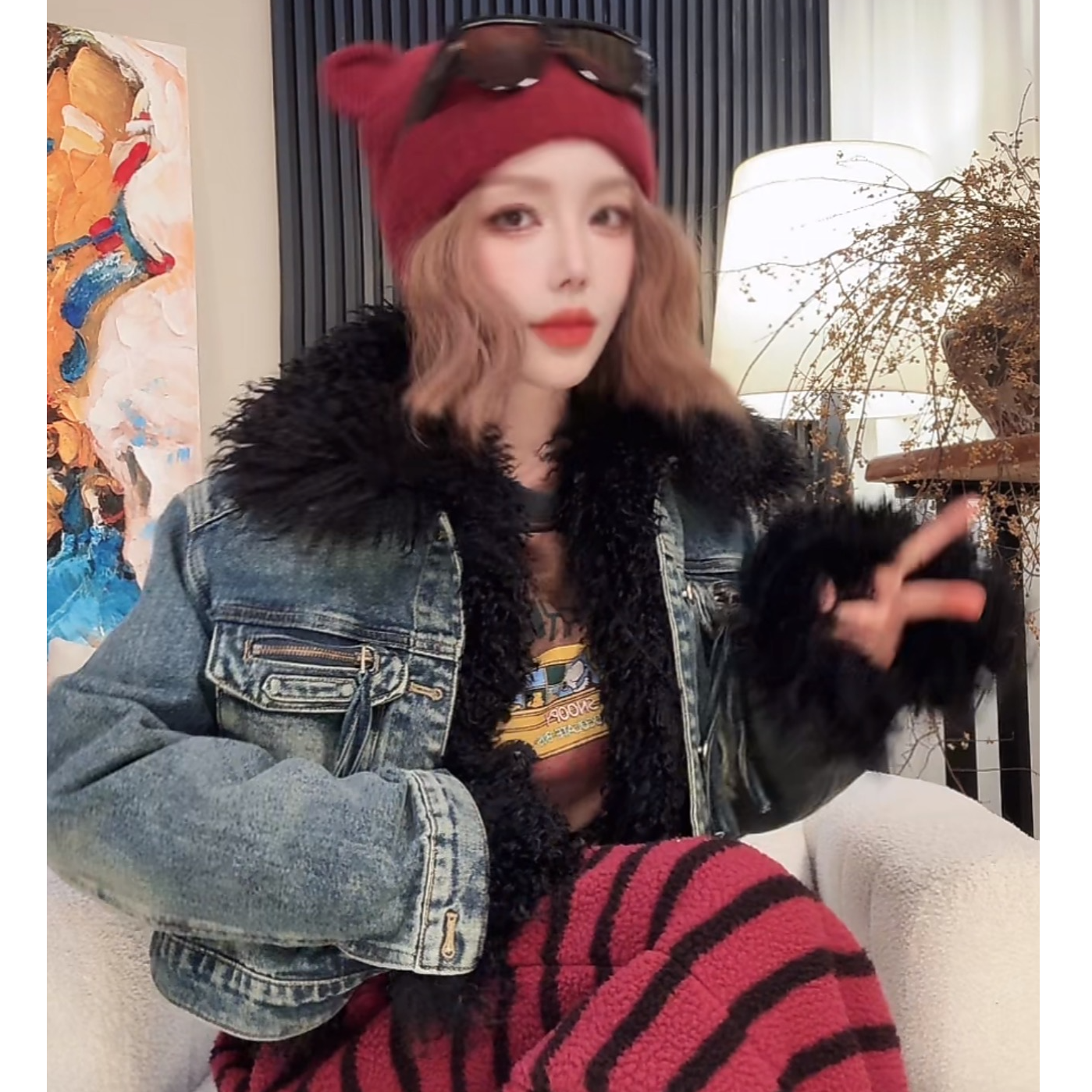 2025冬季新款潮牌做旧纯色加厚毛领长袖牛仔厚外套5425