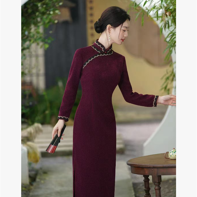 2025新款冬季修袖复古日常中式气质优雅文艺高档旗袍裙 贵妇人 