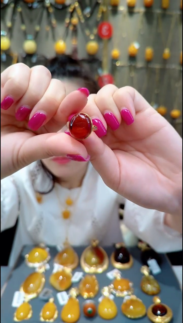 血珀银S925镀金镶嵌戒指﹣B894琥珀戒指