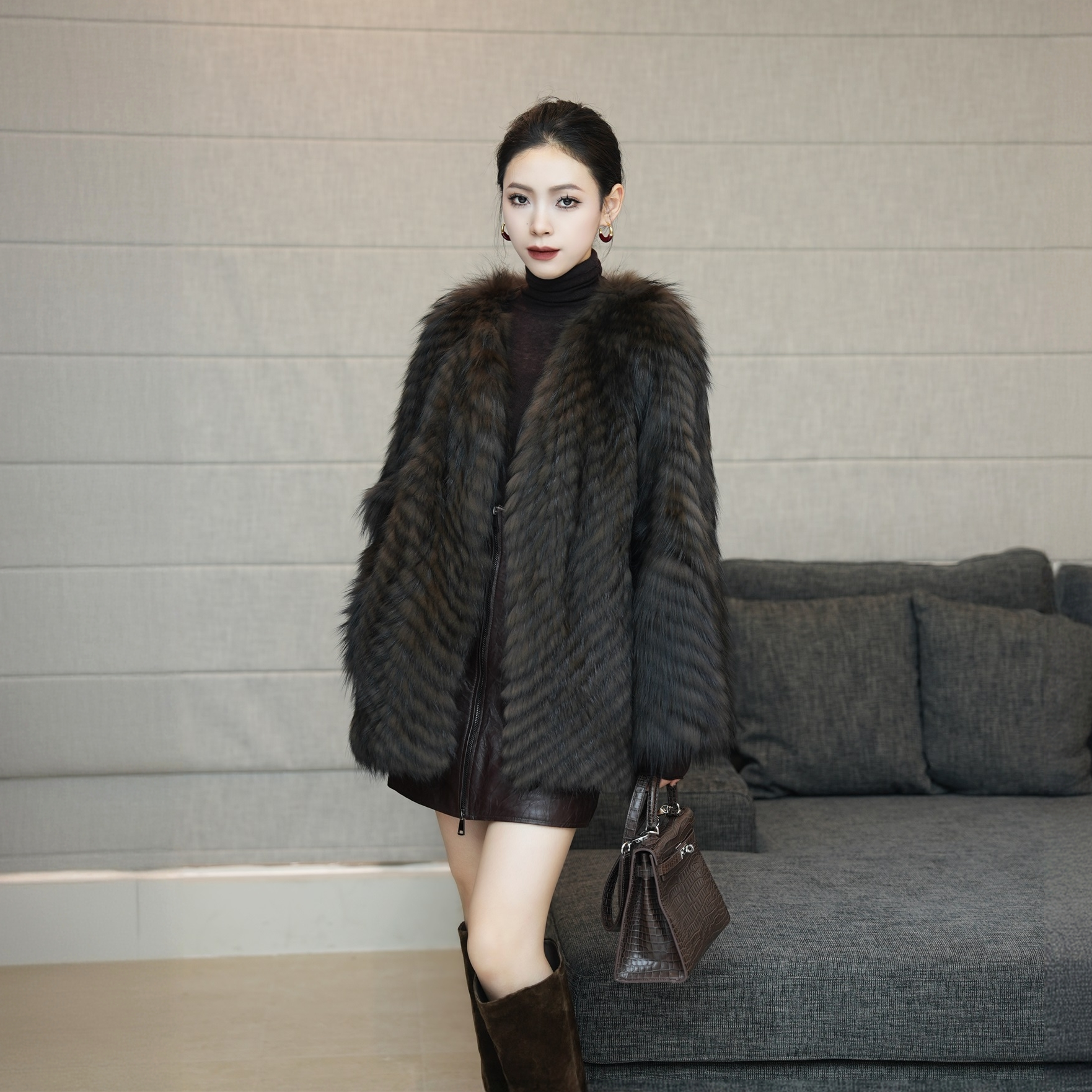 POPULARYW【沉隼掠影】Z·R上品屋 轻奢高级色狐狸毛皮草中长款外套