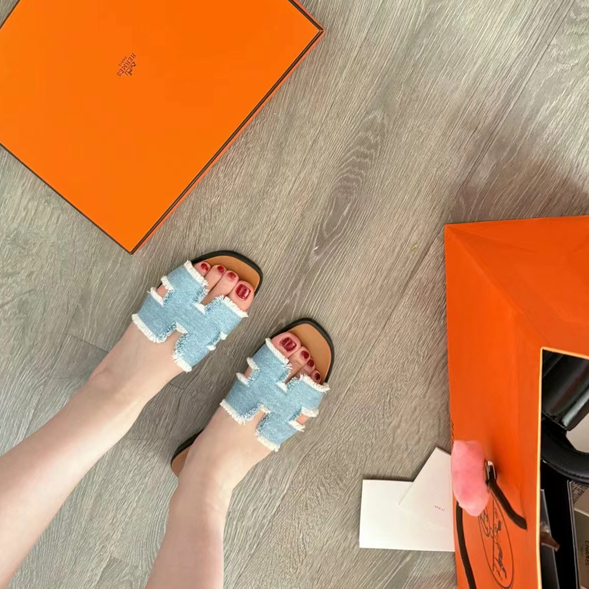 未使用 Hermes/爱马仕 浅蓝色牛仔h拖鞋37 37.5 码