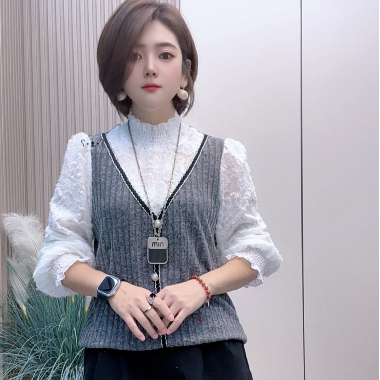 打底衫女时尚休闲纯色拼接假两件长袖半高领T恤女宽松显瘦百搭