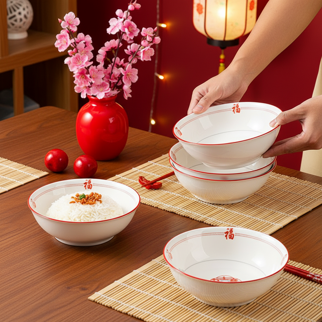 吉祥如意7英寸碗创意婚庆中式复古元素陶瓷汤碗情侣家用结婚喜碗