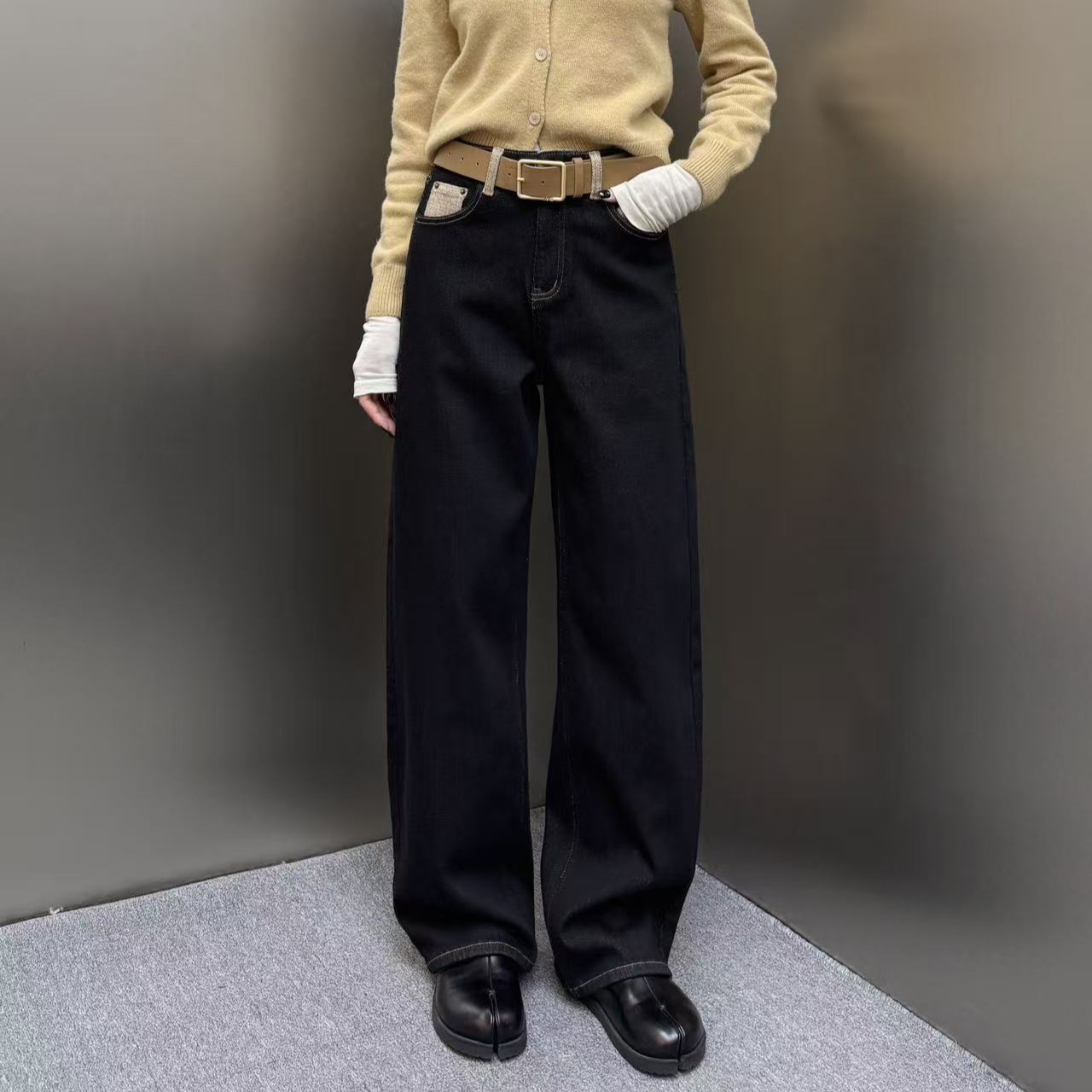 【裤博汇】79639新款小麦色织绒外贸订单筷子裤高腰黑色窄版弯刀裤