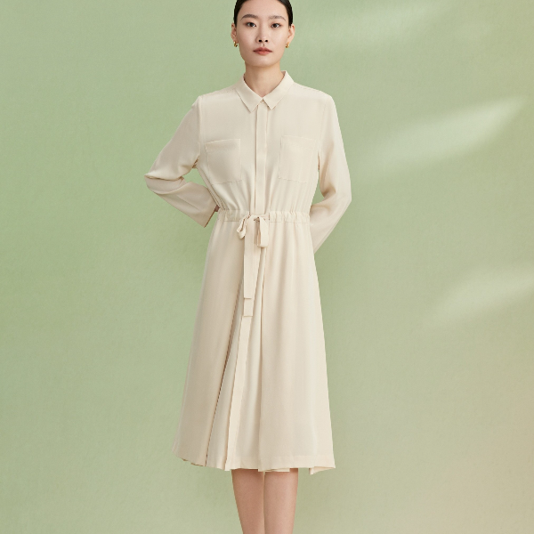 【重磅真丝】100%桑蚕丝26姆米重绉方领双袋腰带真丝连衣裙8501L