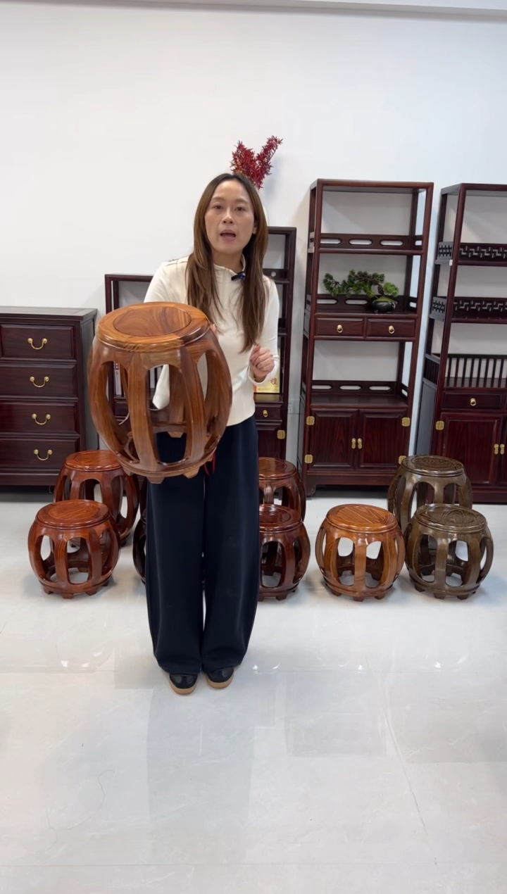 花梨木类家具一对亚花梨大号原木色鼓凳