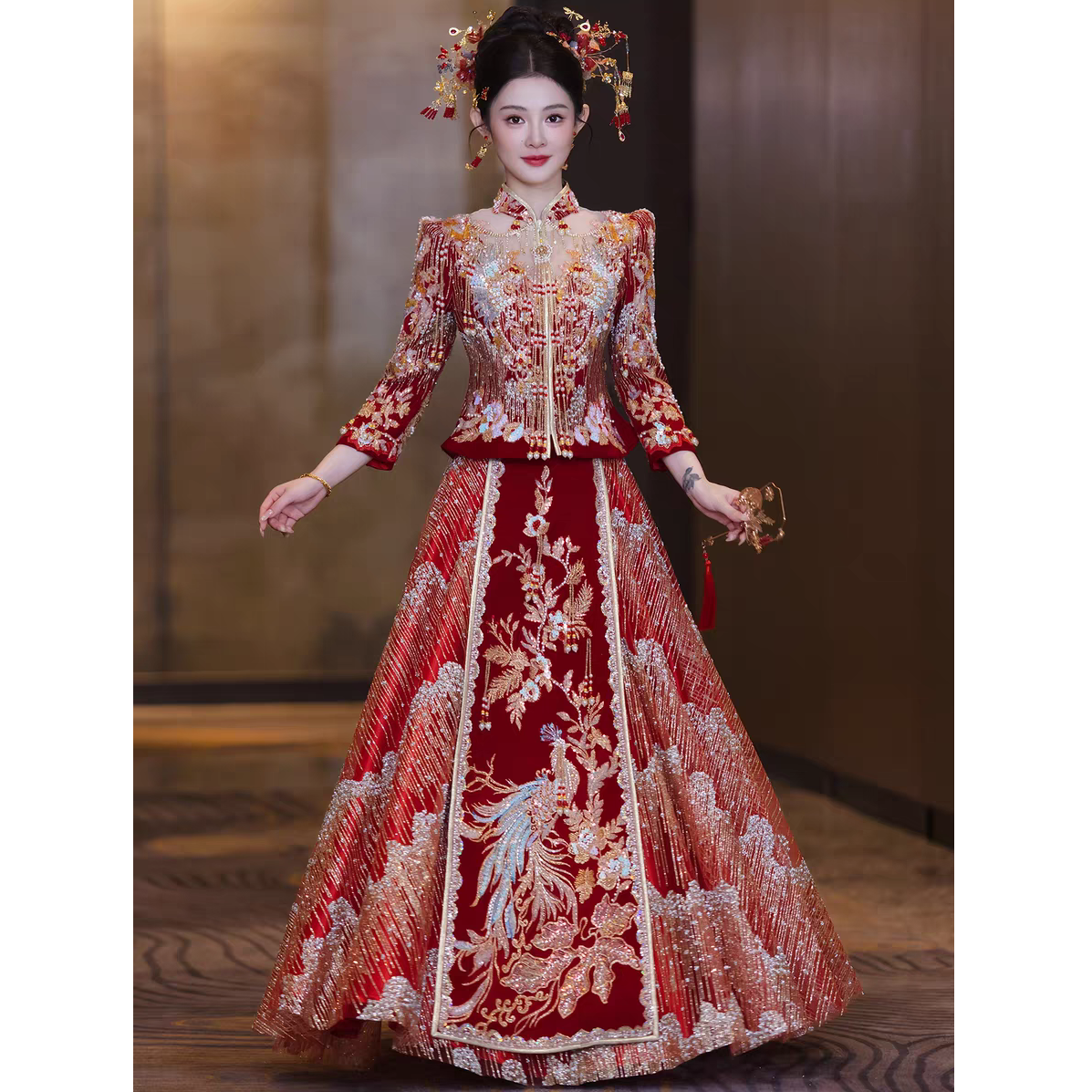 2025秋冬新款丝绒轻纱秀禾服端茶敬酒出阁婚服重工奢华显瘦七分袖