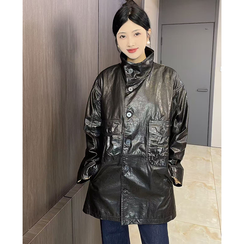 CJJ欧货2025年秋冬新考真皮皮衣女中长款立领单排扣HS56-58232