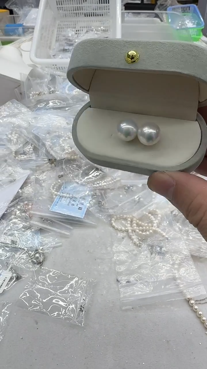 银S925镶嵌耳钉淡水珍珠10-11mm 素钉