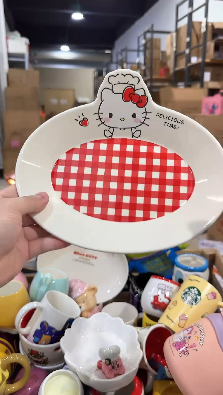 瓷片原盒kt猫红格子餐盘