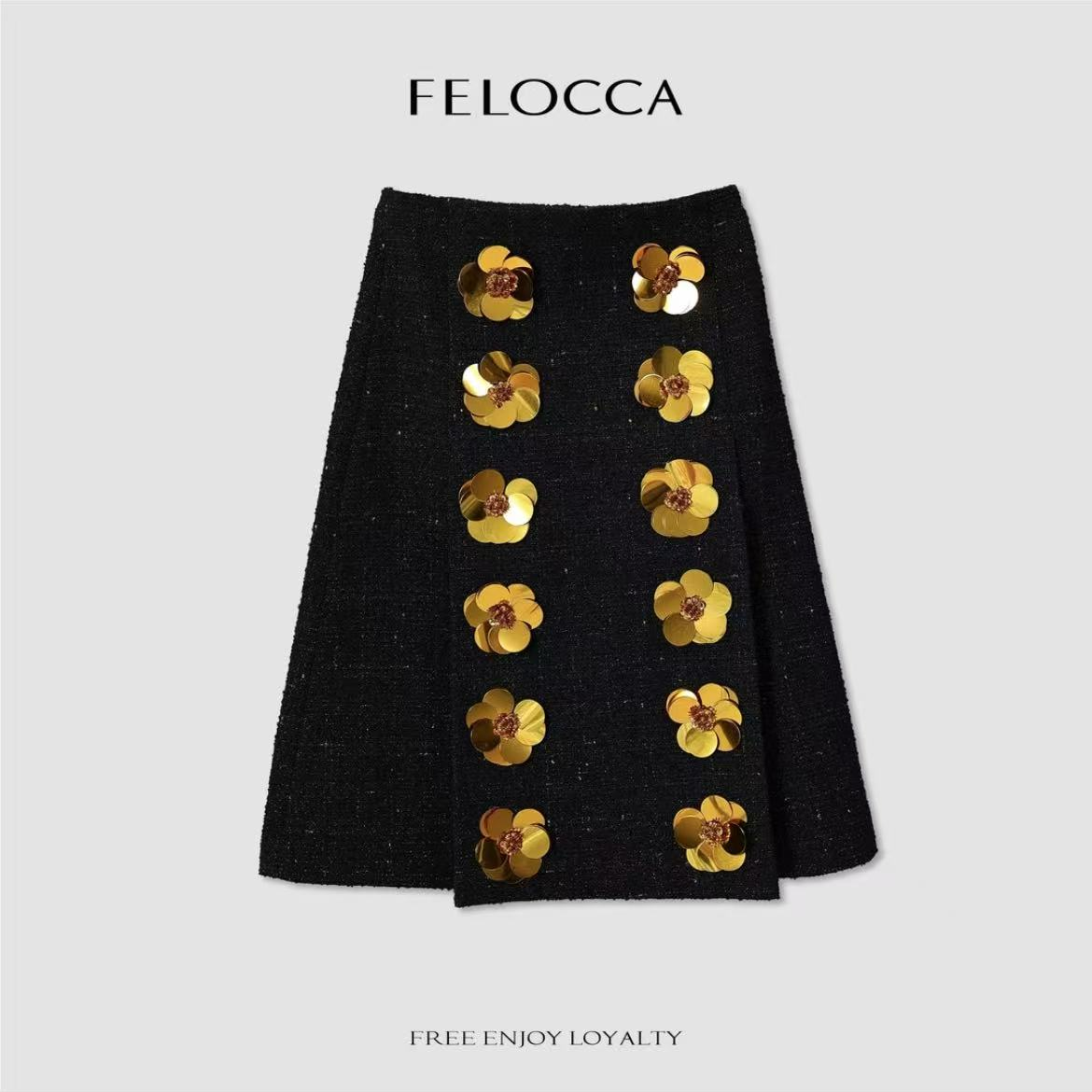 法式小香风通勤过膝亮片花苞半身裙F3494