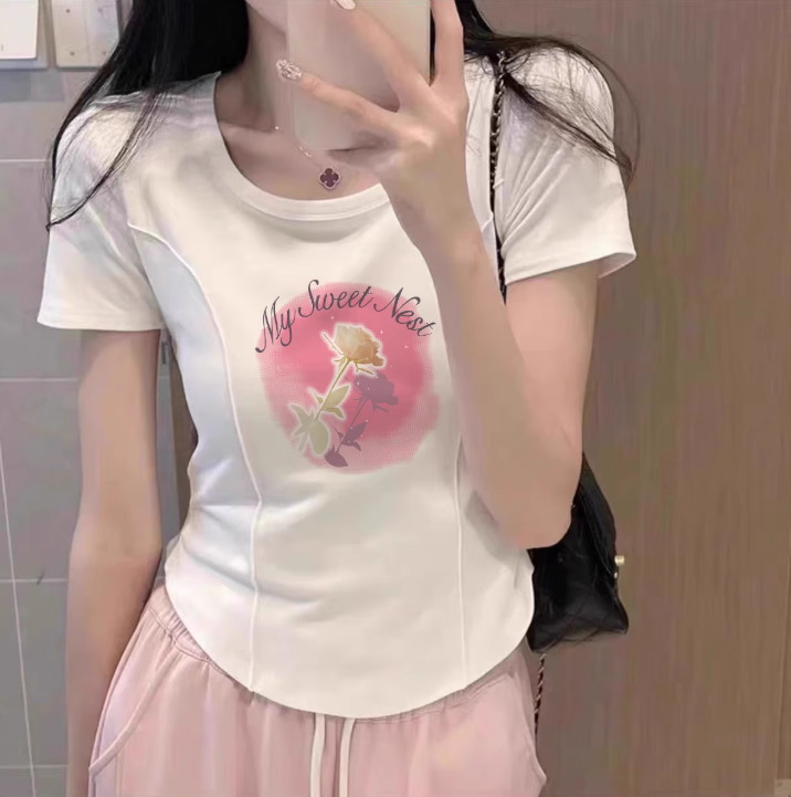 常规休闲风透气宽松型短袖T恤圆领卡通小众白色时尚