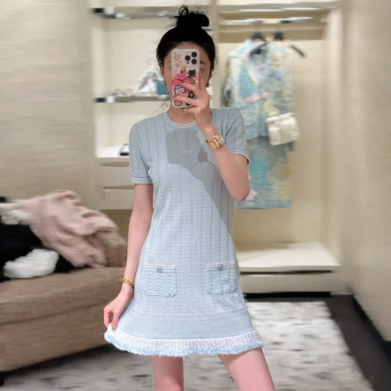 「长芯」25P 温柔千金风喇叭袖流苏下摆针织短袖连衣裙 YZ25W08035