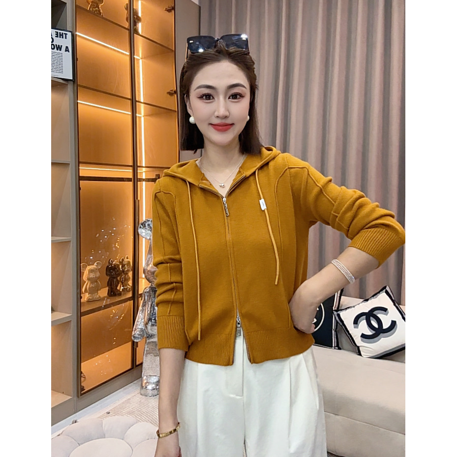 【大陈陈】双拉链连帽软糯针织开衫女秋冬新款洋气百搭毛衣外套潮