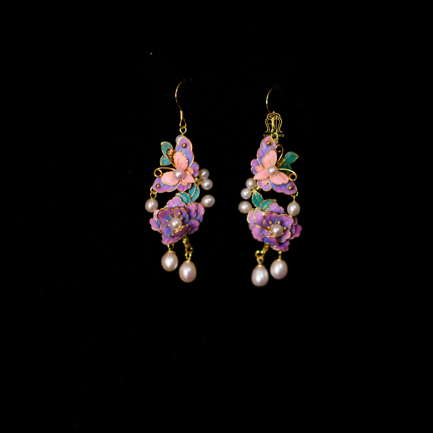 合金羽毛耳饰 殊宫牡丹花蝴蝶耳环