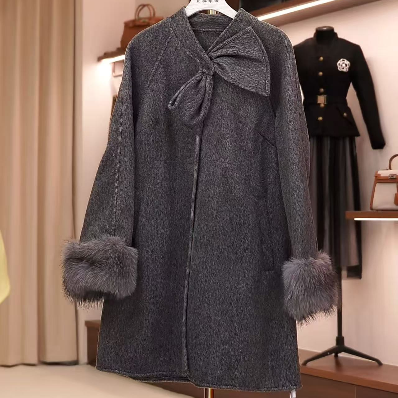 kk035大衣薄款高感斜纹呢大衣女士秋冬冬季毛呢外套时尚