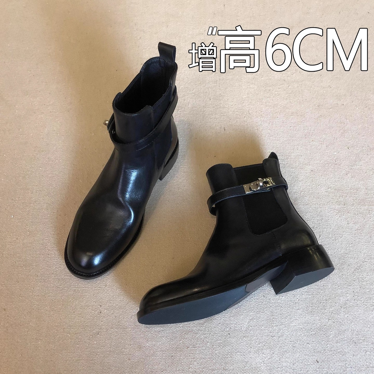 啤梨~牛皮版内增高6CM法式圆头马丁靴女2025英伦风皮带扣切尔西靴