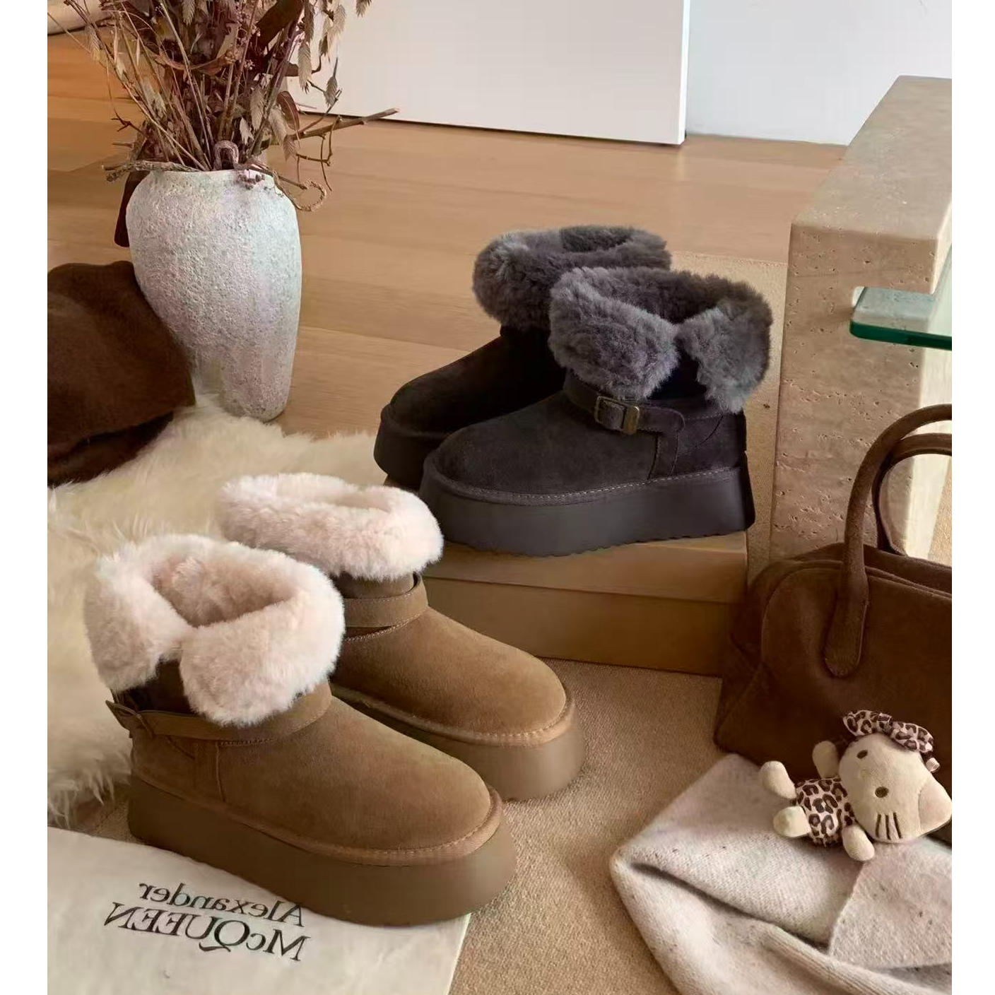 M家【骑士短靴】真皮皮毛一体雪地靴