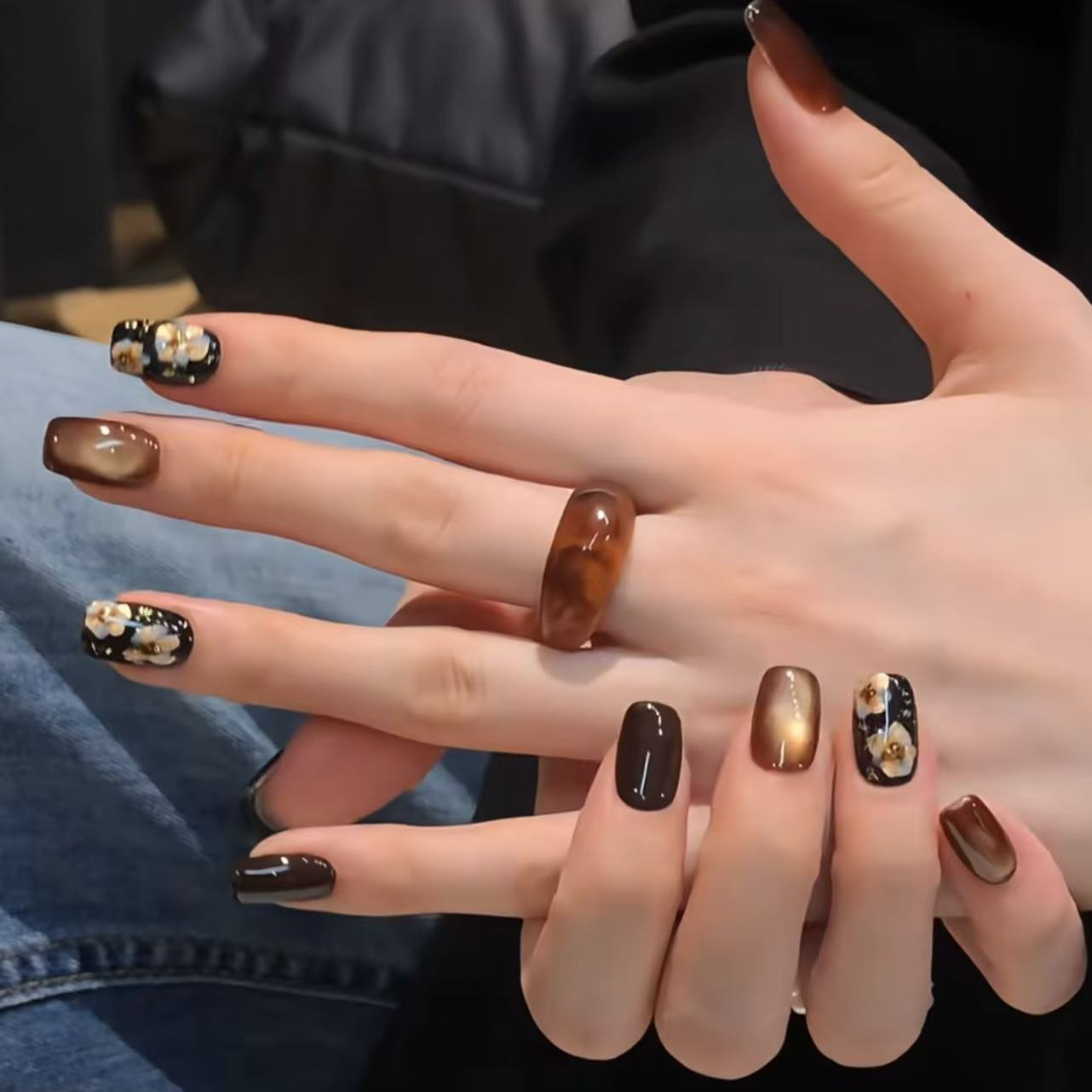 秋冬复古金花猫眼纯手工显白气质焦糖布丁穿戴甲高级感美甲贴片