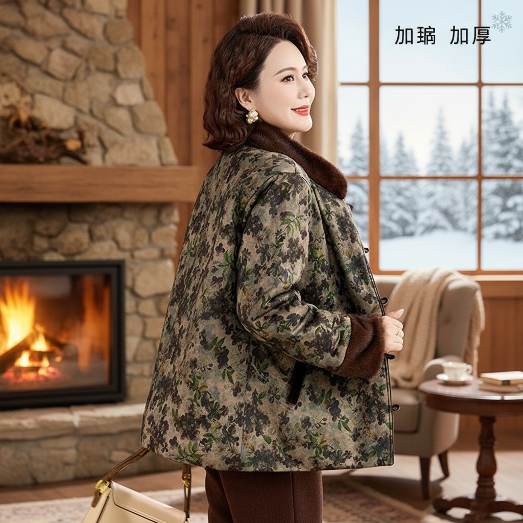 厚款休闲洋气印花常规款中老年女装棉衣外套短款中老年气质妈妈装