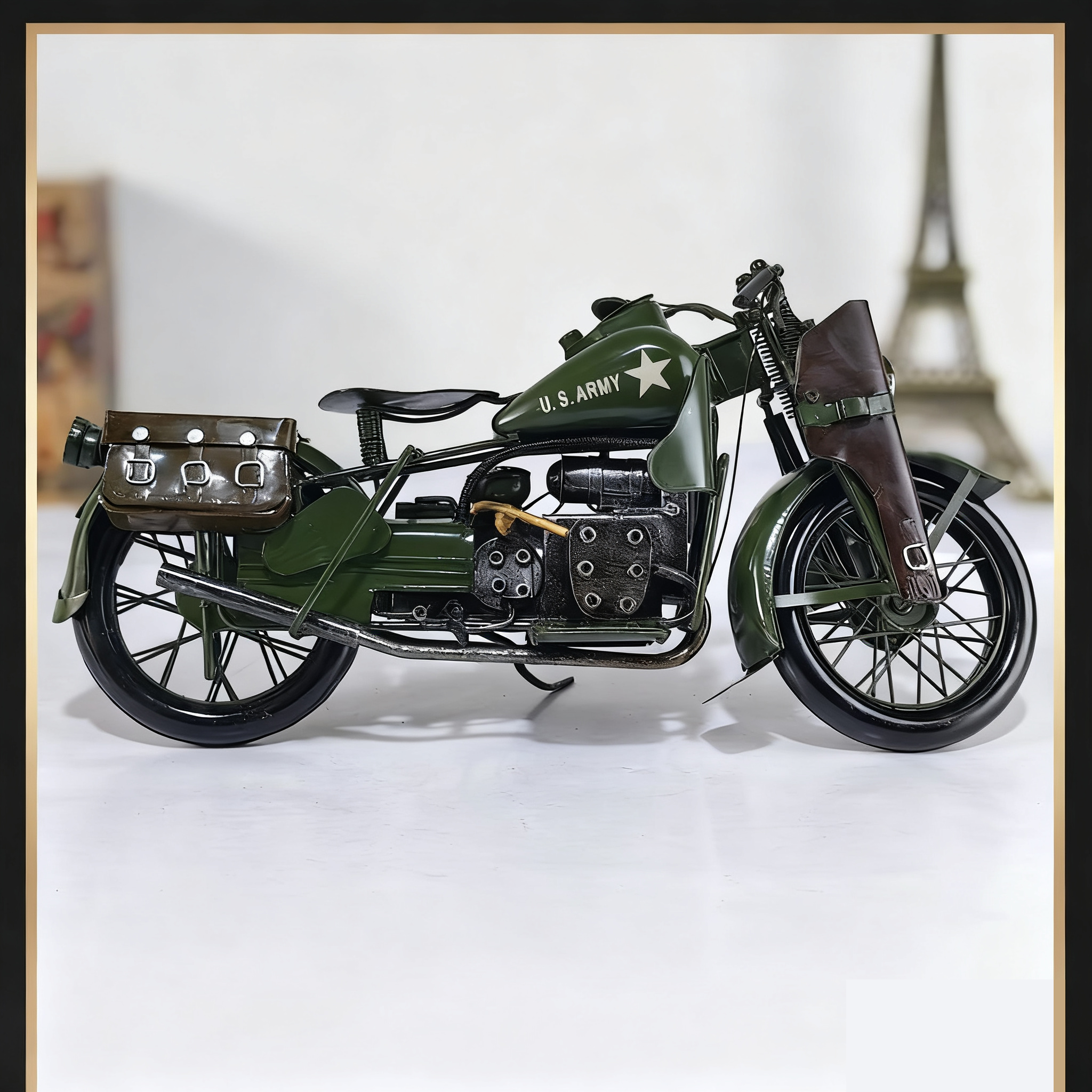 大比例1:6纯手工金属复古军绿摩托车创意摆件工艺品怀旧装饰模型