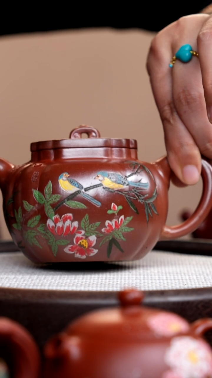 茶壶紫砂柴烧筋囊如意彩刻双鸟