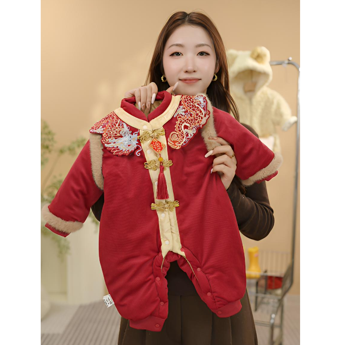 【吉祥如意】2025格子男女童时尚休闲保暖冬季加绒加厚外套爬服连体