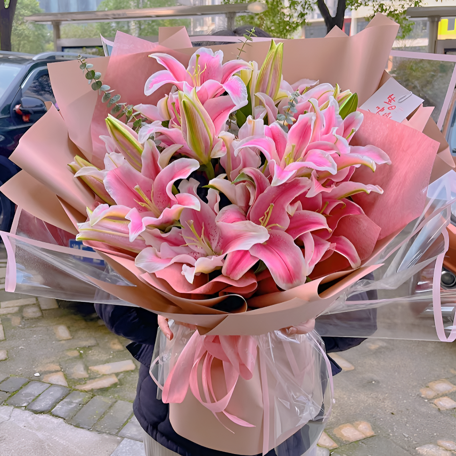 白百合玫瑰洋桔梗康乃馨鲜花花束全国鲜花店同城送花上门免费配送