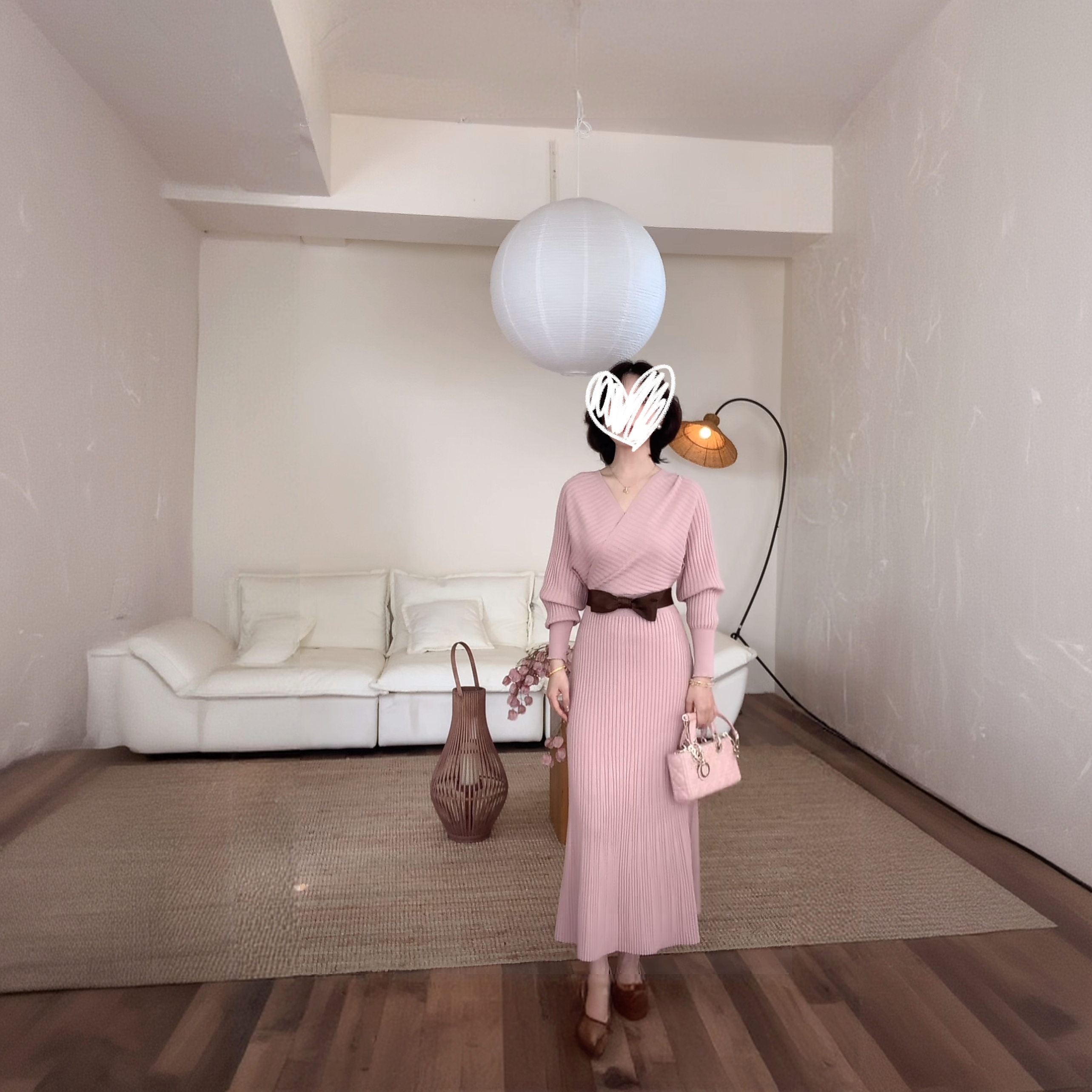 秋季名媛气质V领时尚针织连衣裙纯欲粉色打底长裙收腰显瘦裙子女