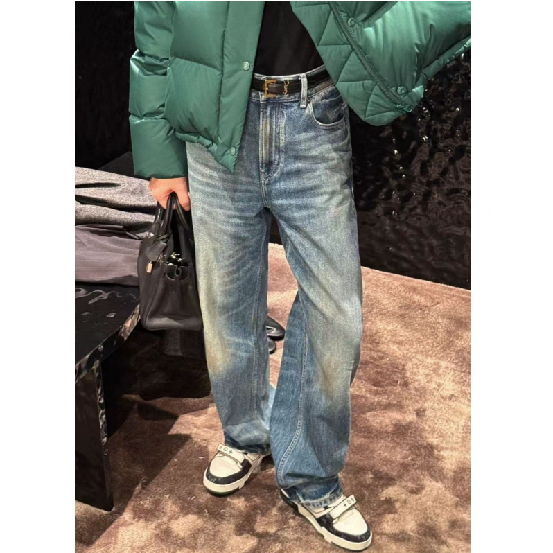 syna磨白设计高腰宽松直筒牛仔裤-猫须脏脏裤