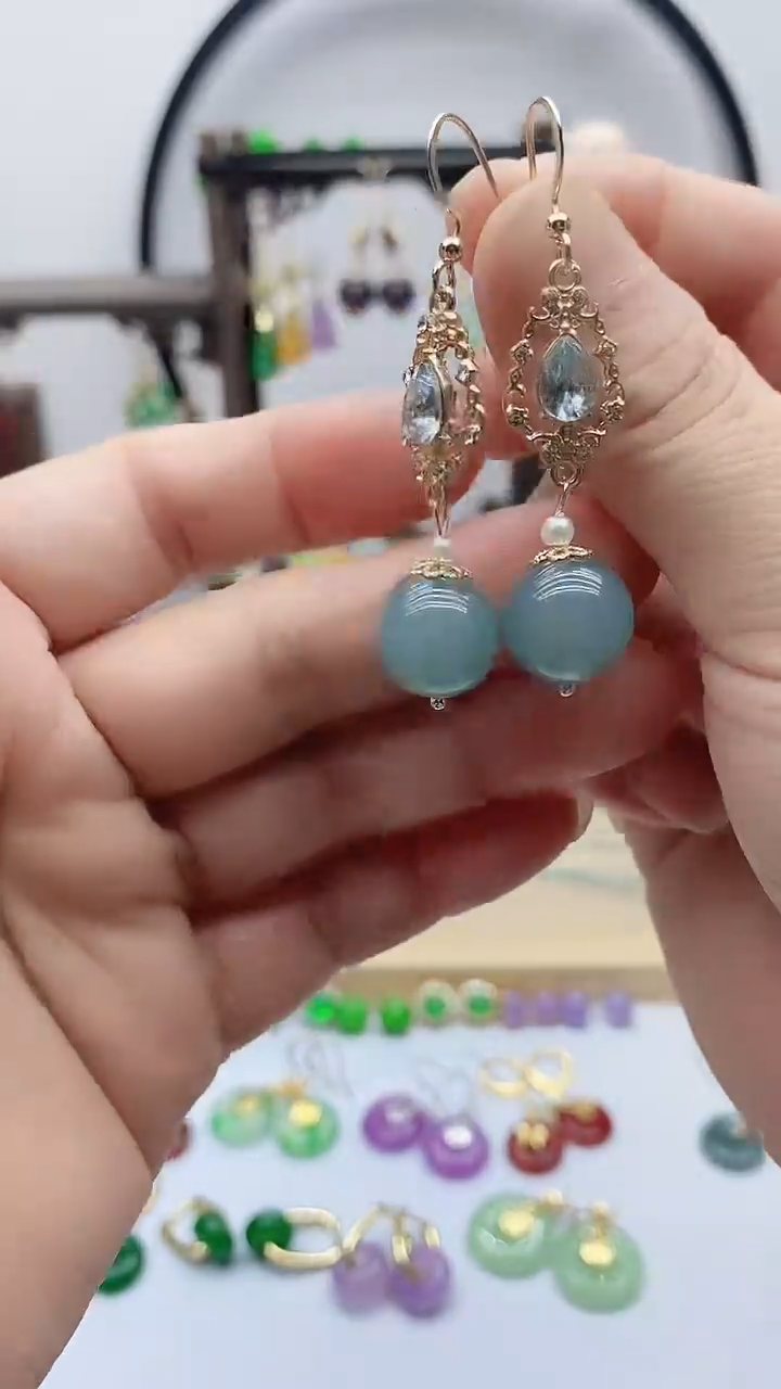 银S925镶嵌石英质玉（非洲翠）耳饰02