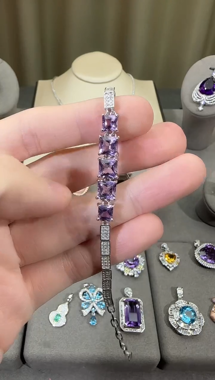 银S925镶嵌手链紫晶8mm手链简约设计款