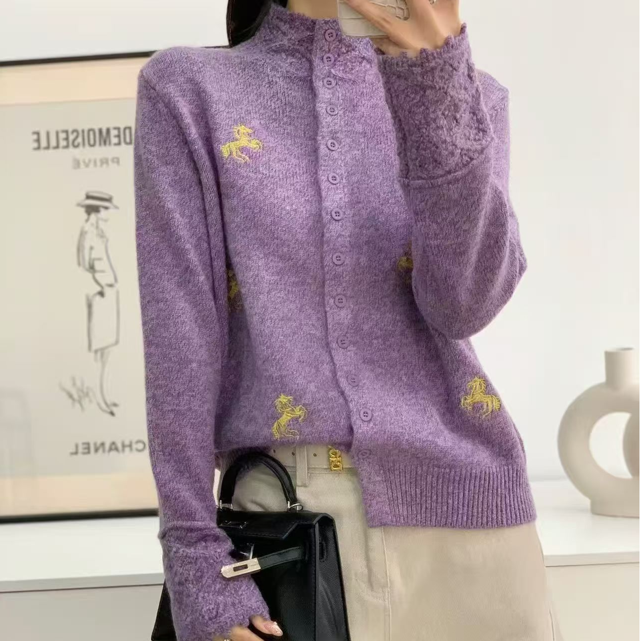 MeiQi 外贸单！新年马到成功半高领黄金小马刺绣针织衫秋冬A4246