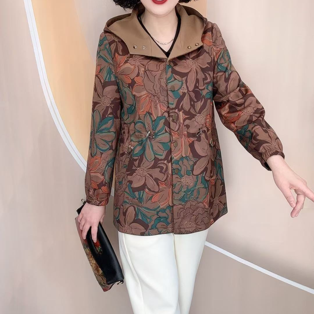 8602新款连帽艺术花加里衬宽松大码中老年小风衣，衣长74