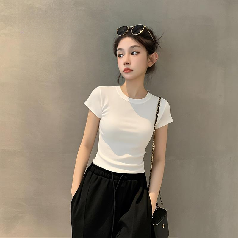 2025新款夏季白色圆领短袖T恤女小袖正肩半袖小个子针织修身上衣